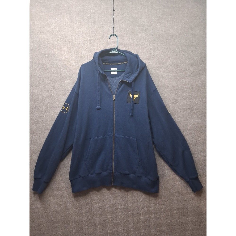 Under Armour Project Rock Mens XL Navy Blue Full Zip Brahma Bull Hoodie Fleece